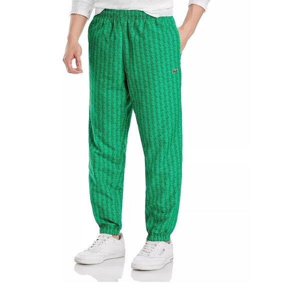 Lacoste Men's Monogram Print Track Pants Drawstring Elastic Waist Logo Green L - Picture 1 of 4